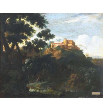 Wooded Mountainous Landscape With Travelers On A Track