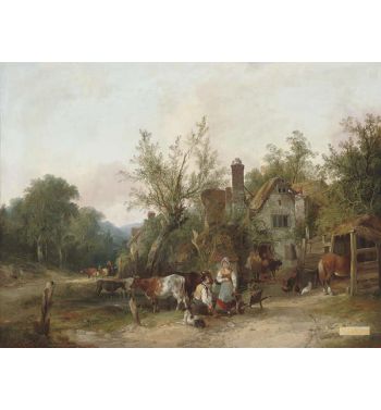 Figures And Cattle Before Cottages In A Wooded Landscape