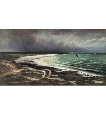 Sea Bay With Sailing Ships Under Storm Clouds