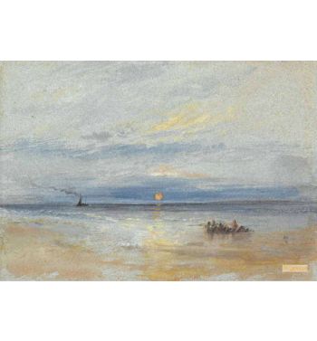 Coastal View At Sunset With Fishing Boat Returning To Port