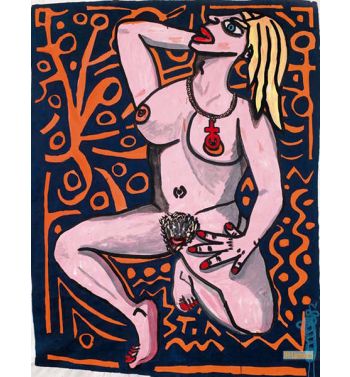 Young Woman At The Orange Tapestry That Arises In Painting Model
