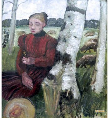 Girl At The Birch Trunk Resting Sheep Herd In The Background