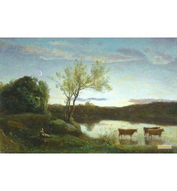 A Pond With Three Cows And A Crescent Moon c1850