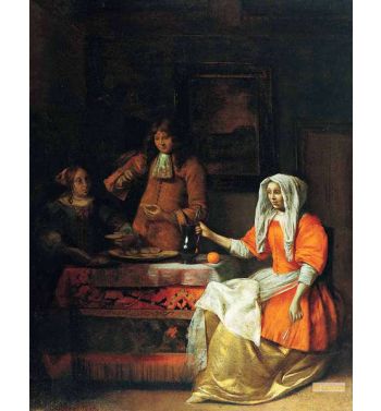 Interior With Two Women And A Man Drinking And Eating Oysters