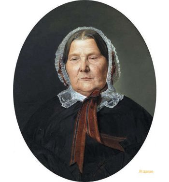Old Woman In Black Dress And White Frilly Bonnet With Red Ribbons