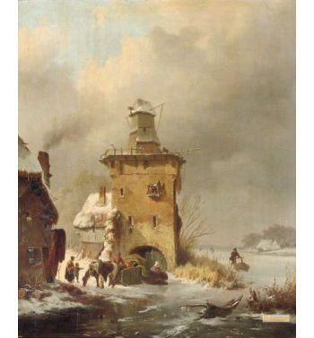 A Winter Landscape With People On A Frozen Waterway Near A Ruinous Mill