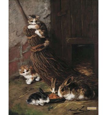 Kittens At Play With Rabbits At Feed