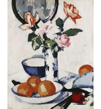 Pink And Tangerine Roses In A Blue And White Beaker Vase