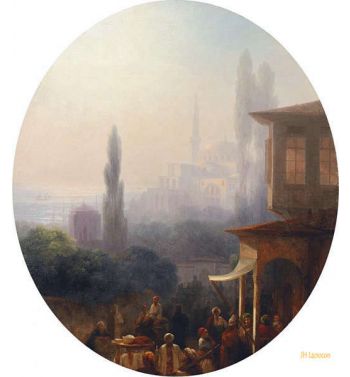 A Market Scene In Constantinople With The Hagia Sophia Beyond