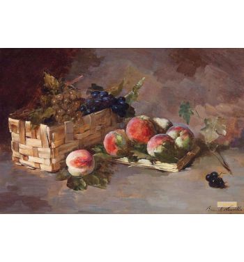 Still Life With Peaches And Grapes In A Willow Basket