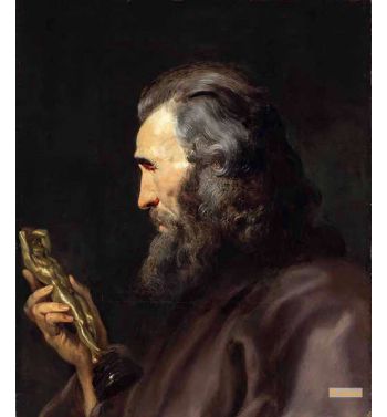 Bearded Man In Profile Holding A Bronze Figure