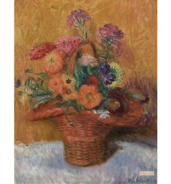 Red Basket Of Zinnias