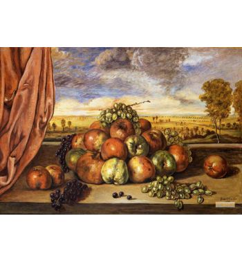 Natura Morta Frutta nel Paesaggio con Tenda Rossa