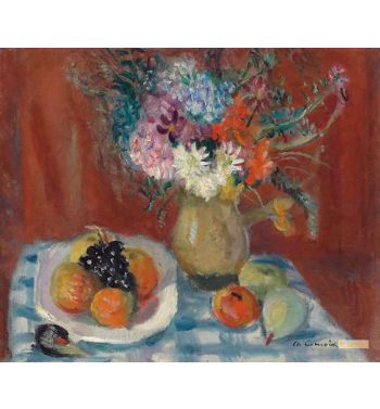 Pitcher Of Flowers And Fruit Plate