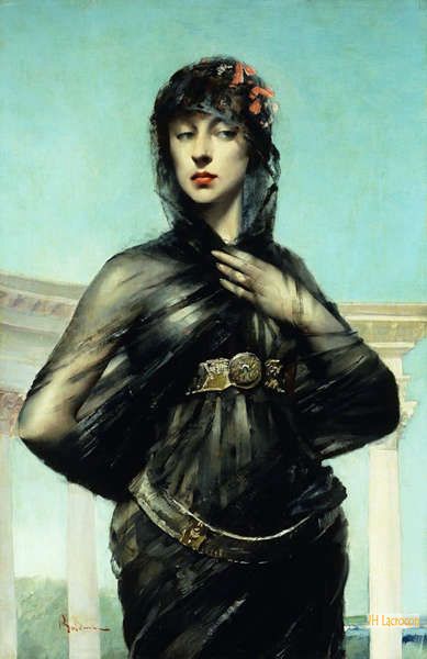ベルナール・シャロワ 「黒いショール」 希少、画集額装画、美人
