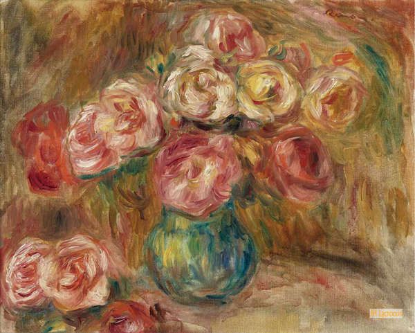 ルノワール花瓶 名画 油絵 花 ルノワール 肉筆手描きの油絵模写画 陶器