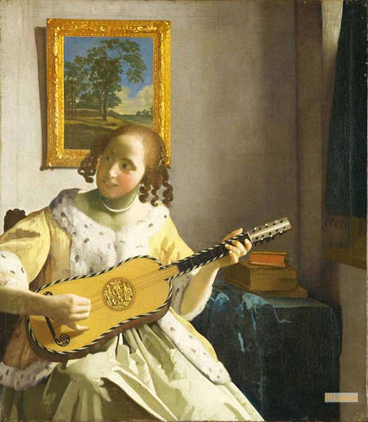 【吉野不ニ太郎】女性 ギター 絵画 印象派 ヨハネス・フェルメール（Johannes Vermeer） - 絵画 洋画 複製画